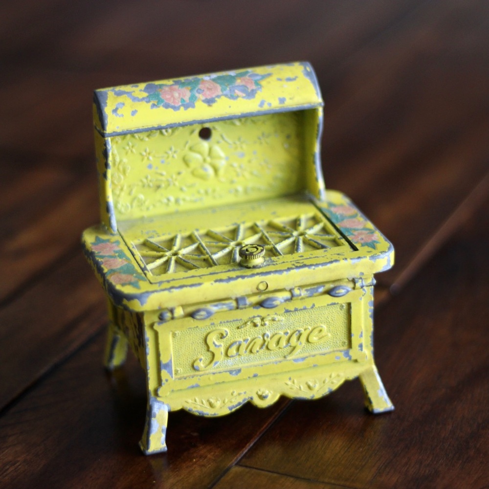 Antique “Savage” Yellow Enamel Metal Miniature Stove Oven Match Stick Holder